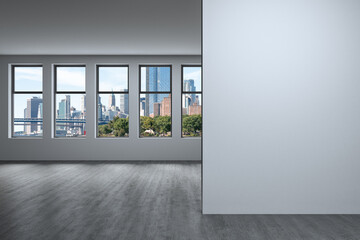 Downtown New York City Lower Manhattan Skyline Buildings. High Floor Window. White mockup wall....