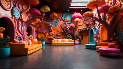 Whimsical and colorful children's play area in a hotel lobby with interactive games and toys.
