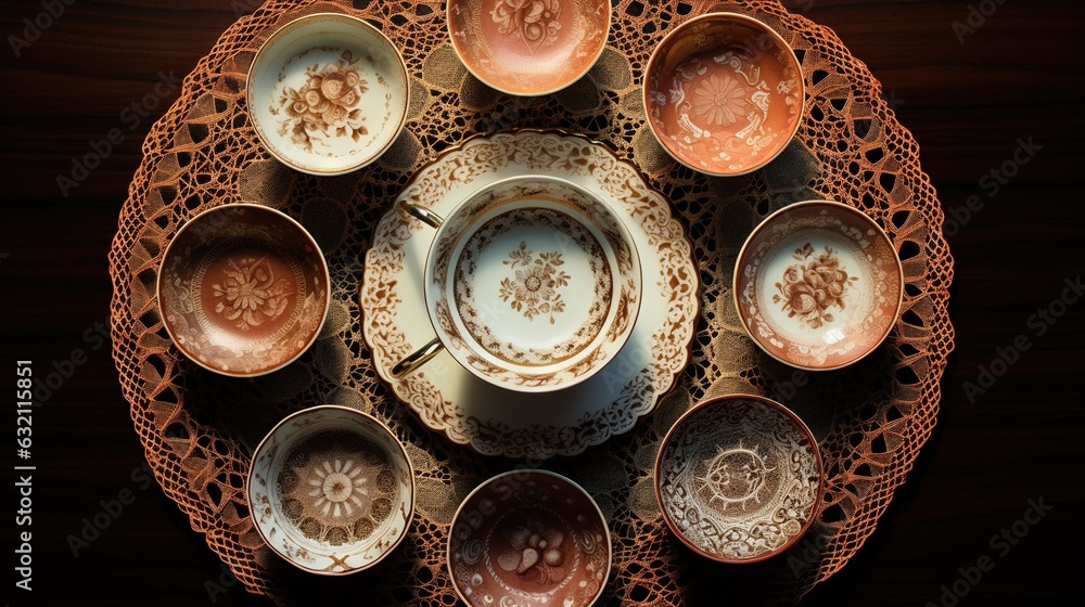 Aufkleber a table topped with lots of plates and cups on top of a doily. generative ai