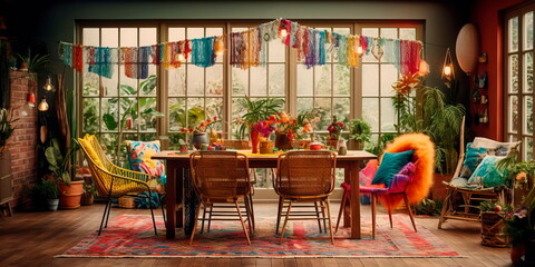 Bohemian-inspired eclectic dining room with mix-and-match chairs, colorful textiles, and hanging plants.