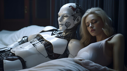 une femme au lit avec un robot, concept futuriste de l'amour - obrazy, fototapety, plakaty