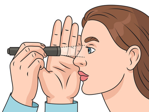 Pupillary light reflex. Doctor checks reaction of pupils to light with flashlight schematic raster illustration. Medical science educational illustration