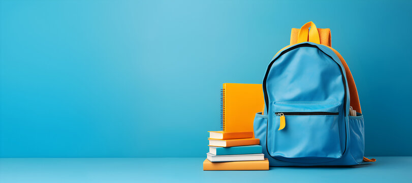 un sac &agrave; dos et des livres sur fond bleu ciel pour illustrer le concept de rentr&eacute;e scolaire