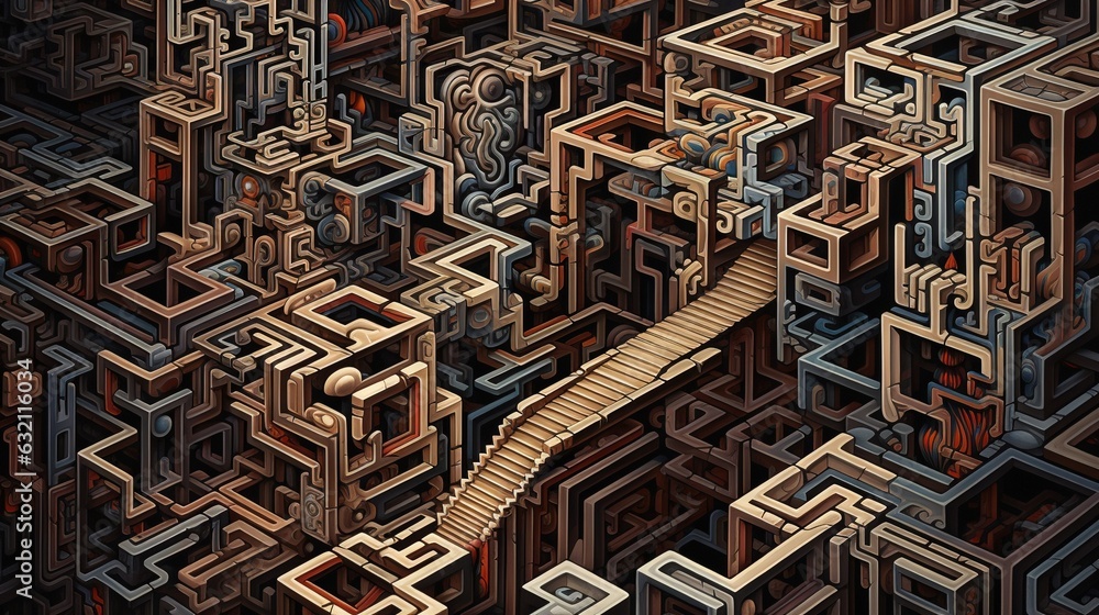 Poster a very complex pattern with a long wooden path in the center. generative ai