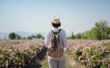 woman enjoying the aroma in Field of Damascena roses in sunny summer day . Rose petals harvest for rose oil perfume production. village Guneykent in Isparta region, Turkey a real paradise for eco