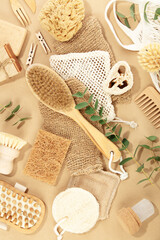 Top view photo of eco friendly personal care products on beige background