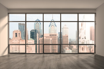 Empty room Interior Skyscrapers View Cityscape. Downtown Philadelphia City Skyline Buildings from High Rise Window. Beautiful Real Estate. Day time. 3d rendering. © VideoFlow