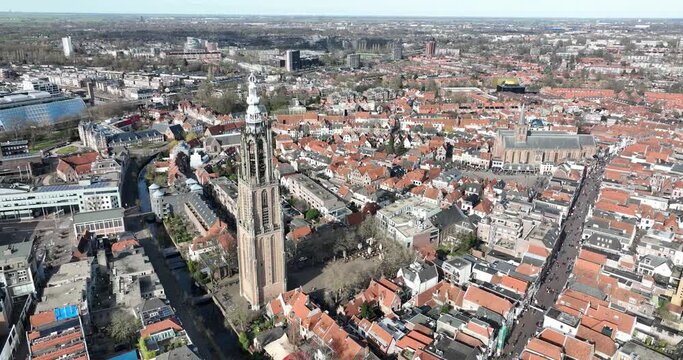 aerial drone views of the Onze Lieve Vrouwetoren, Our Lady's Tower i Amersfoort, a church tower in the city.