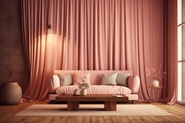 A peaceful modern living room with a sofa, pink curtain, and wooden table beside the couch. Soft calming interior 