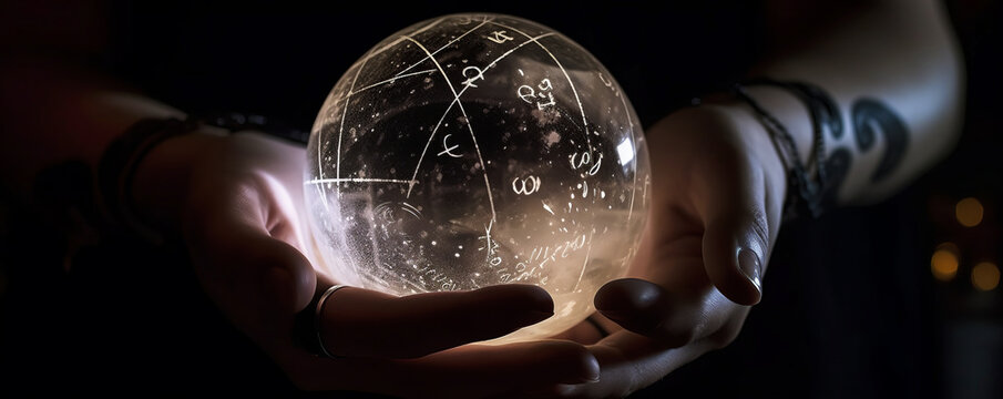 Mystical hand holding crystal ball with illuminated zodiac constellation pattern, under low light. Unique creative astrology representation capturing imagination. Generative AI