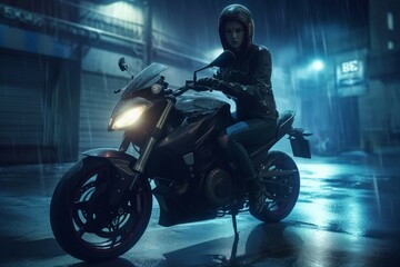 Fototapeta na wymiar Woman riding motorcycle street. Generate AI