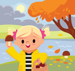 Picture with season of the year. Girl spares time outside. Landscape with tree and river. Autumn background.