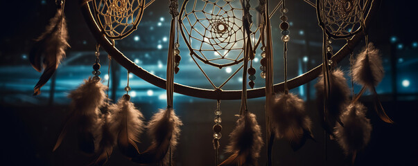 Mystical dreamcatcher with celestial theme, astrological symbols and shimmering crystals in soft light ambiance, unexpected fusion of astrology and traditional craft. Generative AI