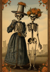 Fototapeta premium Vintage Halloween card, Ephemera illustration, Victorian Halloween Skeletons and scenes, Junk journal, Antique collage, Retro Halloween card with Skeletons family