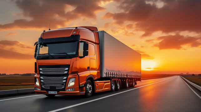 truck on the track, motorway. sunrise or sunset. the car makes international cargo transportation