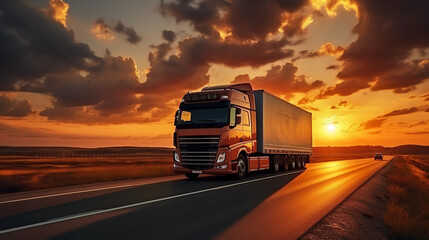 truck on the track, motorway. sunrise or sunset. the car makes international cargo transportation