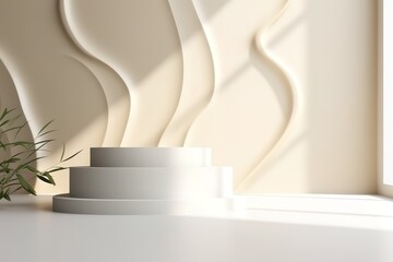 Blank cream white cement curve counter podium with texture soft beautiful. Generative AI