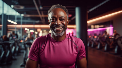 Fototapeta premium Middle age of African woman exercise at gym, fun mood with bokeh light