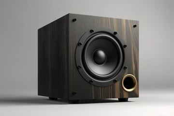 Black wooden sound speaker on white isolated background. Generative AI