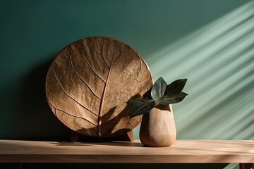 Carved teak round wooden podium with beautiful grain on sage green table. Generative Ai