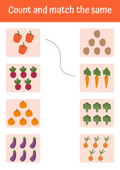 Learning mathematic with colorful and interesting math worksheets. Playful exercises in addition, subtraction, and logic games for preschool education and pedagogic use. Vegetables and fruits