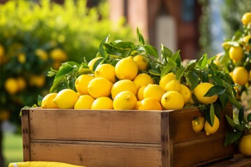 Ripe yellow lemons in the wooden box. Close-up, Italian vibes - Powered by Adobe