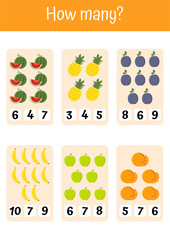 Playful worksheets for kids, mathematical games. Colorful educational materials to practice addition, subtraction, logic. Suitable for preschools, kindergartens. Vegetables and fruits mathematic list.