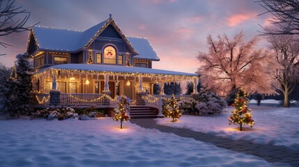 A Beautiful Exterior Design of a House during the Christmas Event, Lot of Decorations and Ornaments.