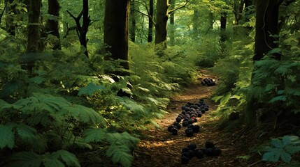  a group of people walking down a forest trail in the woods.  generative ai