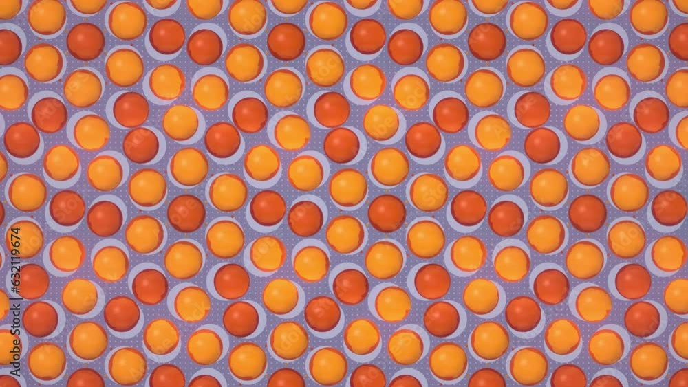 Poster pattern of orange spheres on grey background, 3d rendering loop animation 4k