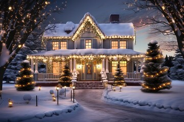 A Beautiful Exterior Design of a House during the Christmas Event, Lot of Decorations and Ornaments.