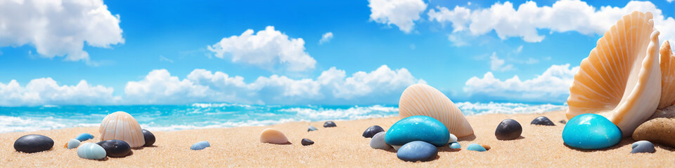 Fototapeta na wymiar Panorama of ocean beach on a sunny day with big and small shells and sea stones. Seascape illustration with sand beach, waves, turquoise water and sky with white clouds. Generative AI