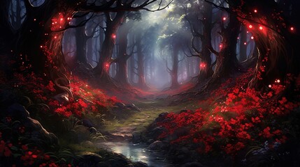  a painting of a forest with a stream and red lights.  generative ai