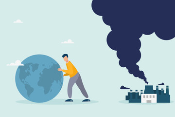 Businessman is trying to save planet earth from climate change. CO2 emissions. The concept of climate change problem. The guy is pushing the planet. Flat vector illustration