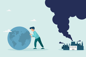Businessman is trying to save planet earth from climate change. CO2 emissions. The concept of climate change problem. The guy is pushing the planet. Flat vector illustration