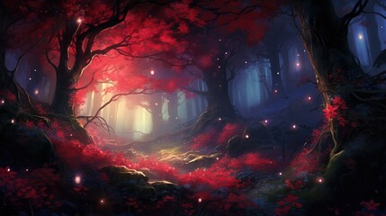 a painting of a forest with red leaves and fireflies.  generative ai
