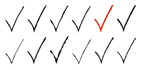 Set of black check mark isolated on white background. Choice symbol. Ink brush strokes.  Watercolor icon design. Vector illustration, eps 10.