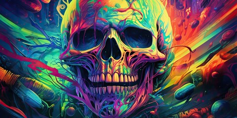 AI Generated. AI Generative. Vintage retro color bright acid colors psychedelic human skull skeleton face head. Poster decoration. Graphic Art