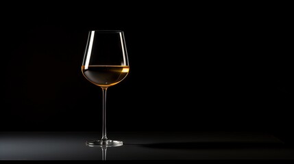  a glass of white wine on a black table with a black background.  generative ai