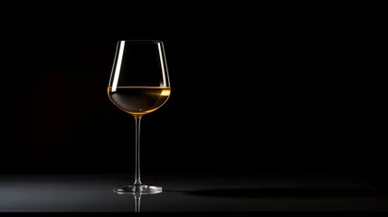 Fotobehang  a glass of white wine on a black table with a black background.  generative ai © Olga