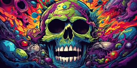 AI Generated. AI Generative. Vintage retro color bright acid colors psychedelic human skull skeleton face head. Poster decoration. Graphic Art - obrazy, fototapety, plakaty