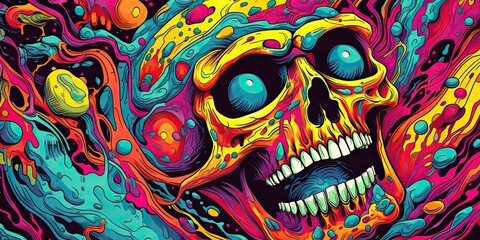 AI Generated. AI Generative. Vintage retro color bright acid colors psychedelic human skull skeleton face head. Poster decoration. Graphic Art