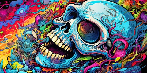 AI Generated. AI Generative. Vintage retro color bright acid colors psychedelic human skull skeleton face head. Poster decoration. Can be used for t-shirt design print