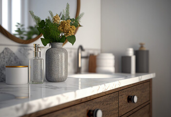 Modern minimalist bathroom with marble countertop 