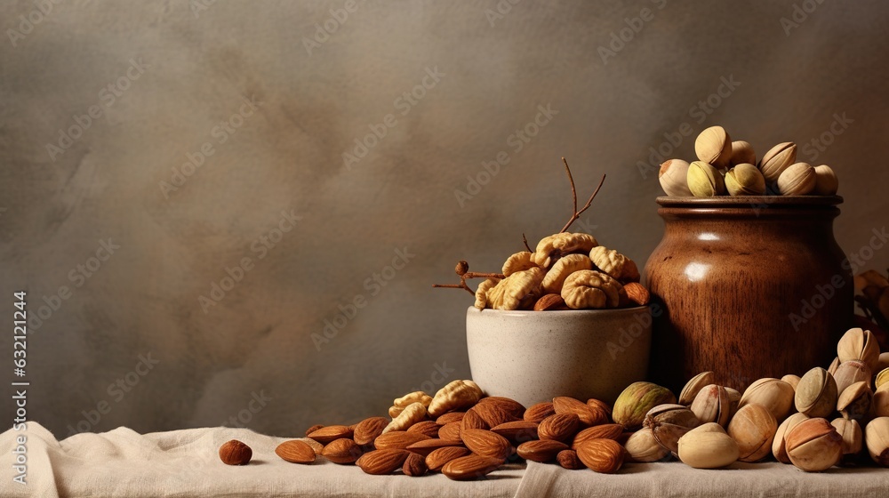 Poster a table topped with a bowl of nuts next to a jar of nuts. generative ai
