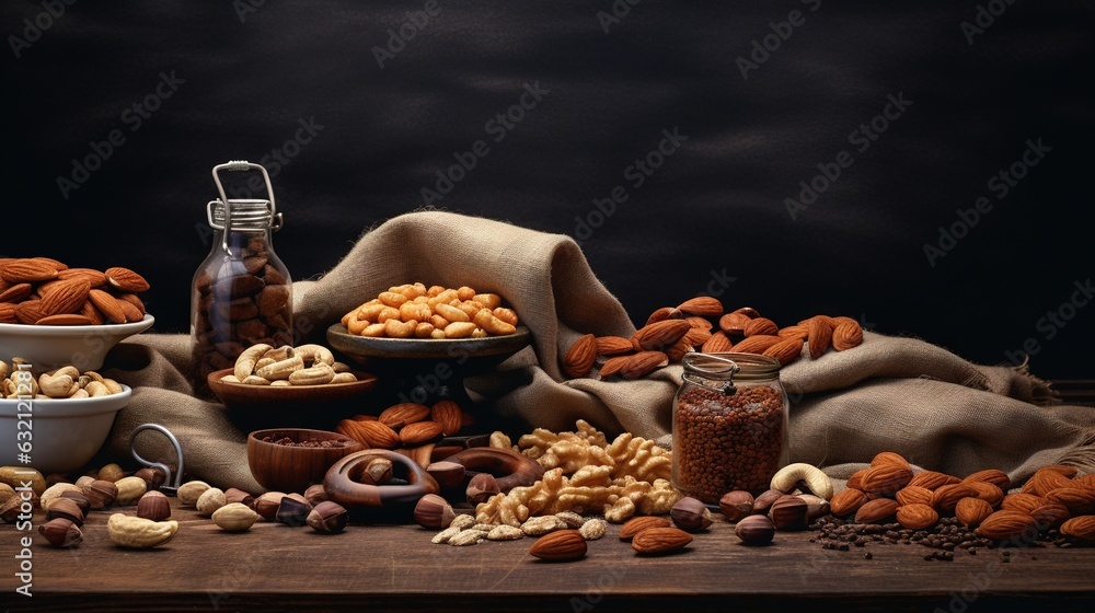 Poster a table topped with bowls of nuts and a jar of nuts. generative ai
