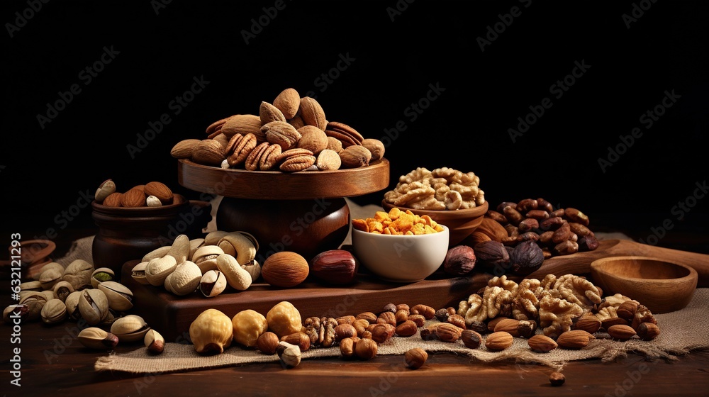 Poster a variety of nuts and nutshells on a table. generative ai