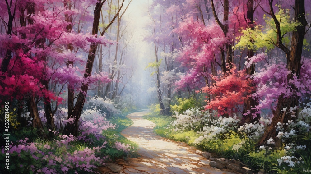 Poster a painting of a path in a forest with flowers and trees. generative ai