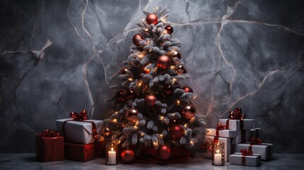 Big Christmas Tree over a Black Marble Background, some Gifts inside the Boxes.