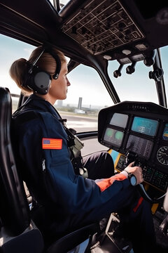 Woman pilot in the cockpit of a helicopter, generated AI